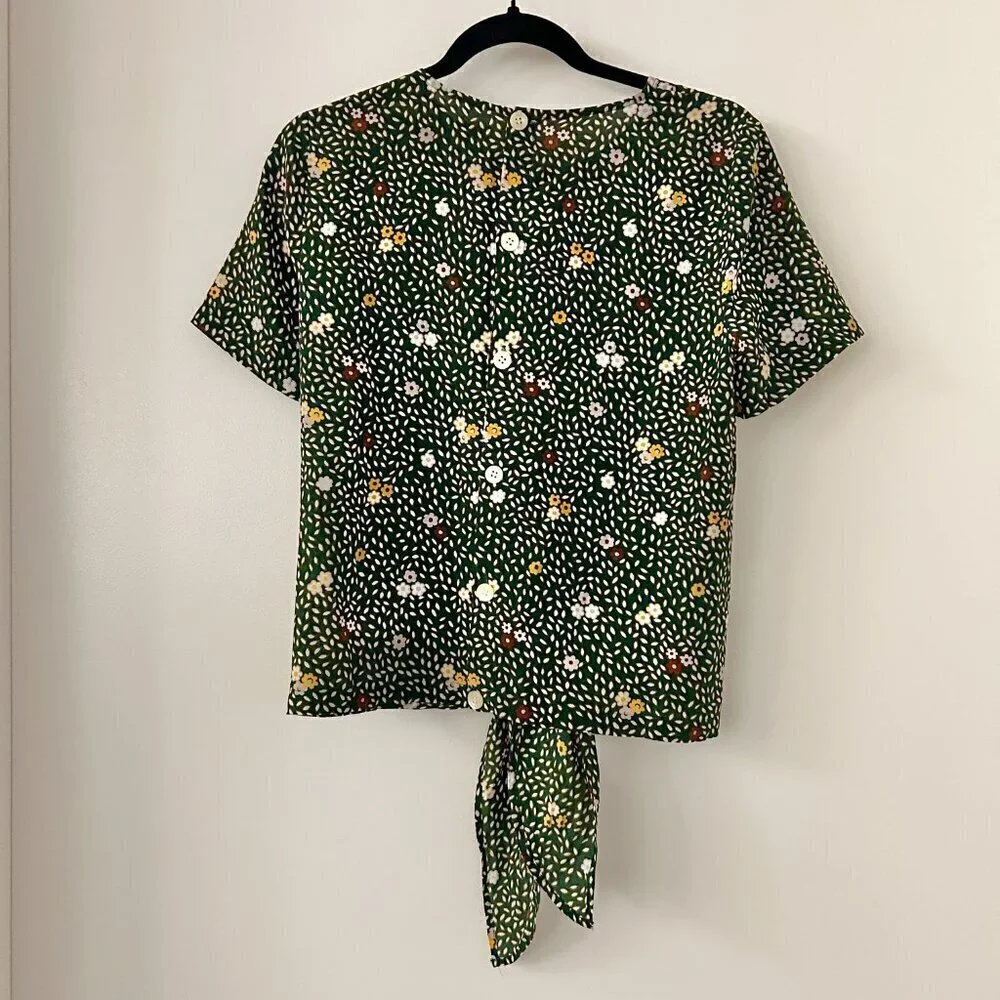 Madewell 100% Silk Button-Back Tie Tee in Dropleaf Floral in Forest Green Size S - Picture 8 of 9